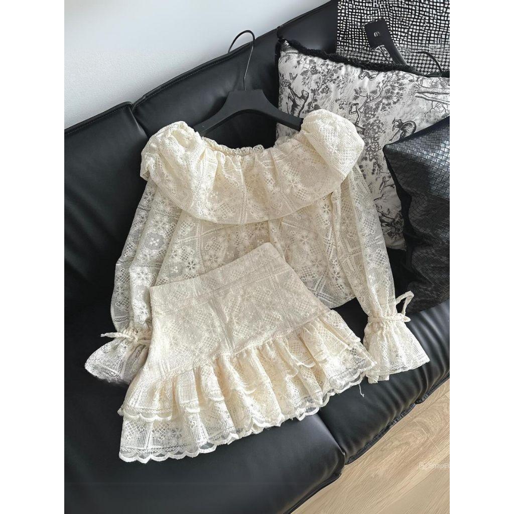 Set váy ren trễ vai thiết kế sang chảnh đầm nữ tay loe phối chân váy dự tiệc HN Clothing