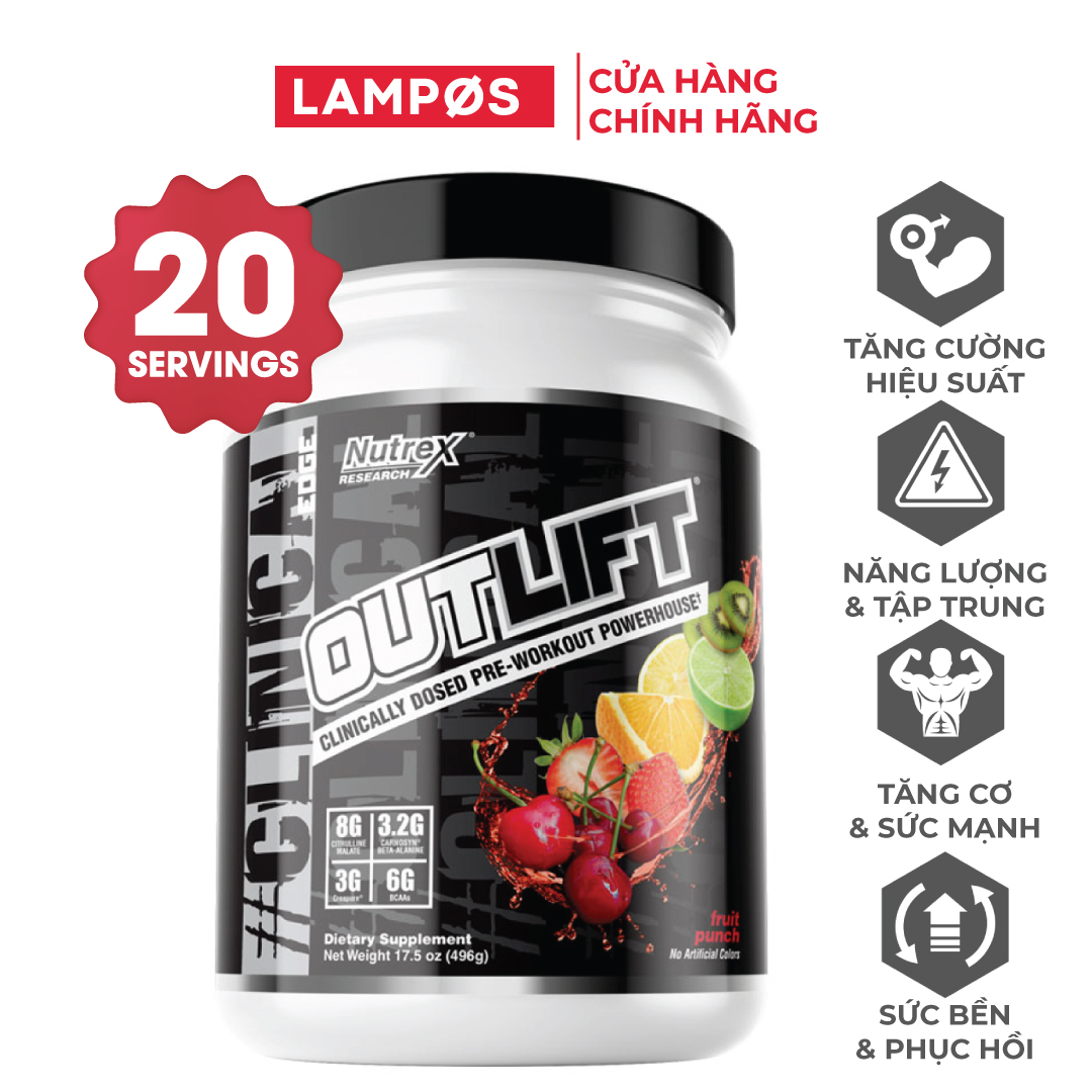 [Chính hãng] Nutrex Outlift Pre-Workout 20 Liều, Tăng Sức Mạnh Sức Bền, Năng Lượng Trước Tập, Citrulline, BCAA, Creatine, Beta-Alanine, Taurine