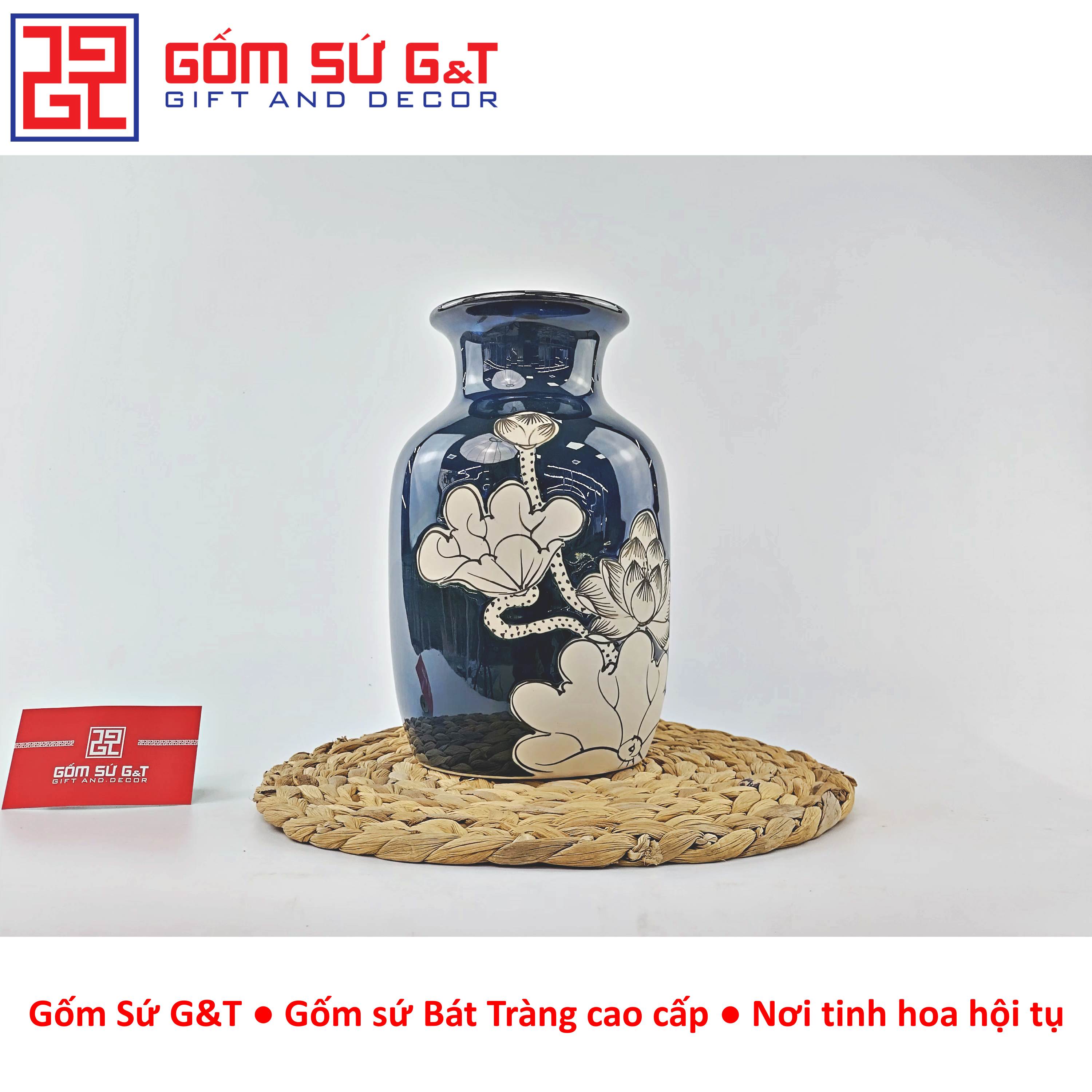 Lọ hoa men hỏa biến dáng phích cổ thấp vẽ sen Gốm Sứ G&amp;T