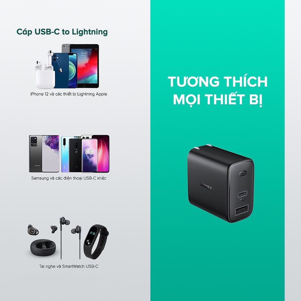 Cốc Sạc Siêu Nhanh AUKEY 2 Cổng PA-F3S 32W, Cổng Type C Power Delivery 20W, Cổng USB-A Air Power 12W - Hàng Chính Hãng