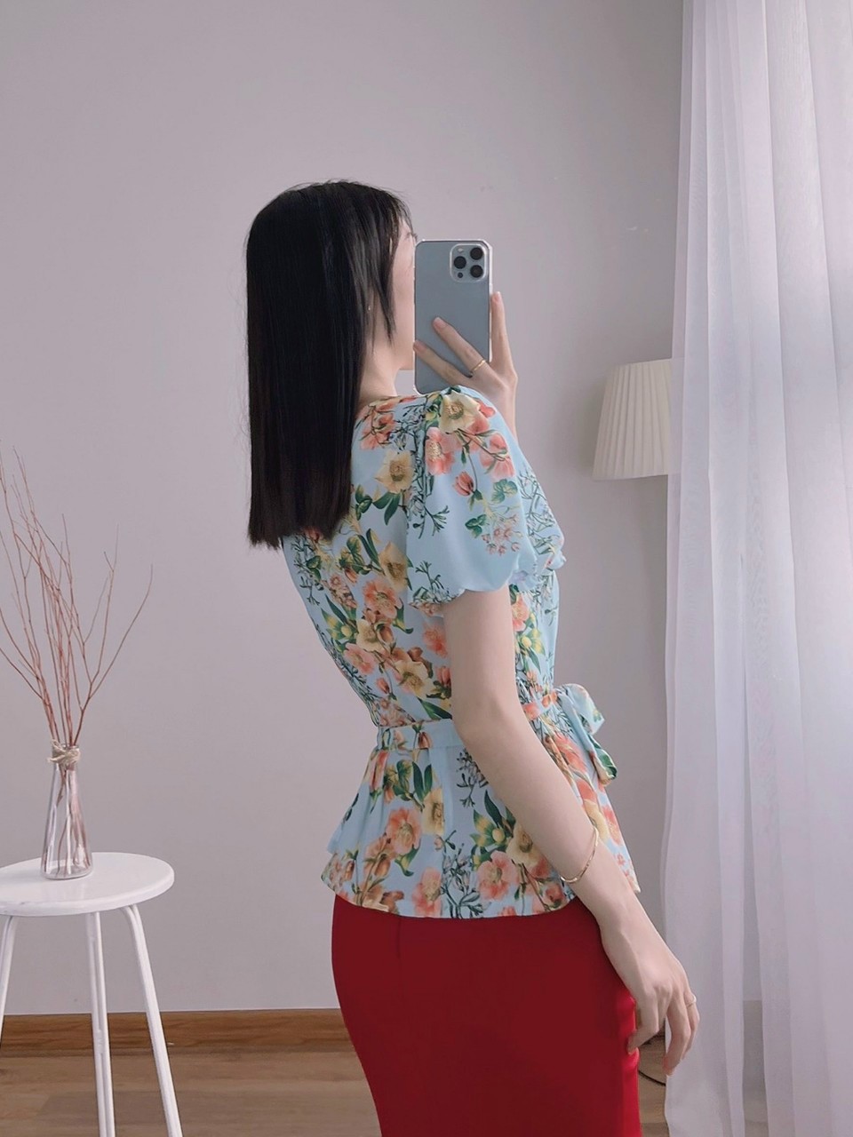 Hàng thiết kế - Áo kiểu peplum hoa lá cột eo xếp ly siêu xinh - A55145