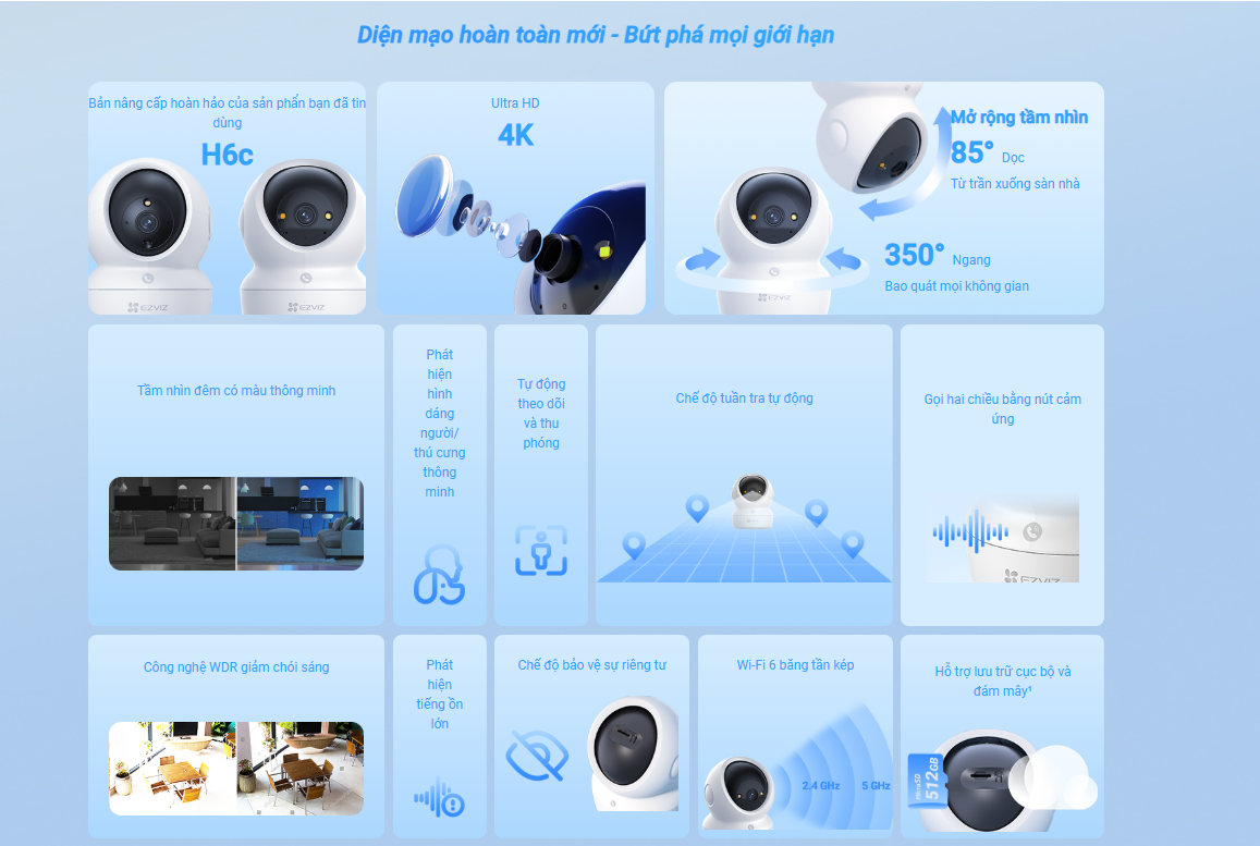 Camera wifi trong nhà EZVIZ H6C G1 4K Sắc nét, AI nhận diện người, thú cưng - hàng chính hãng