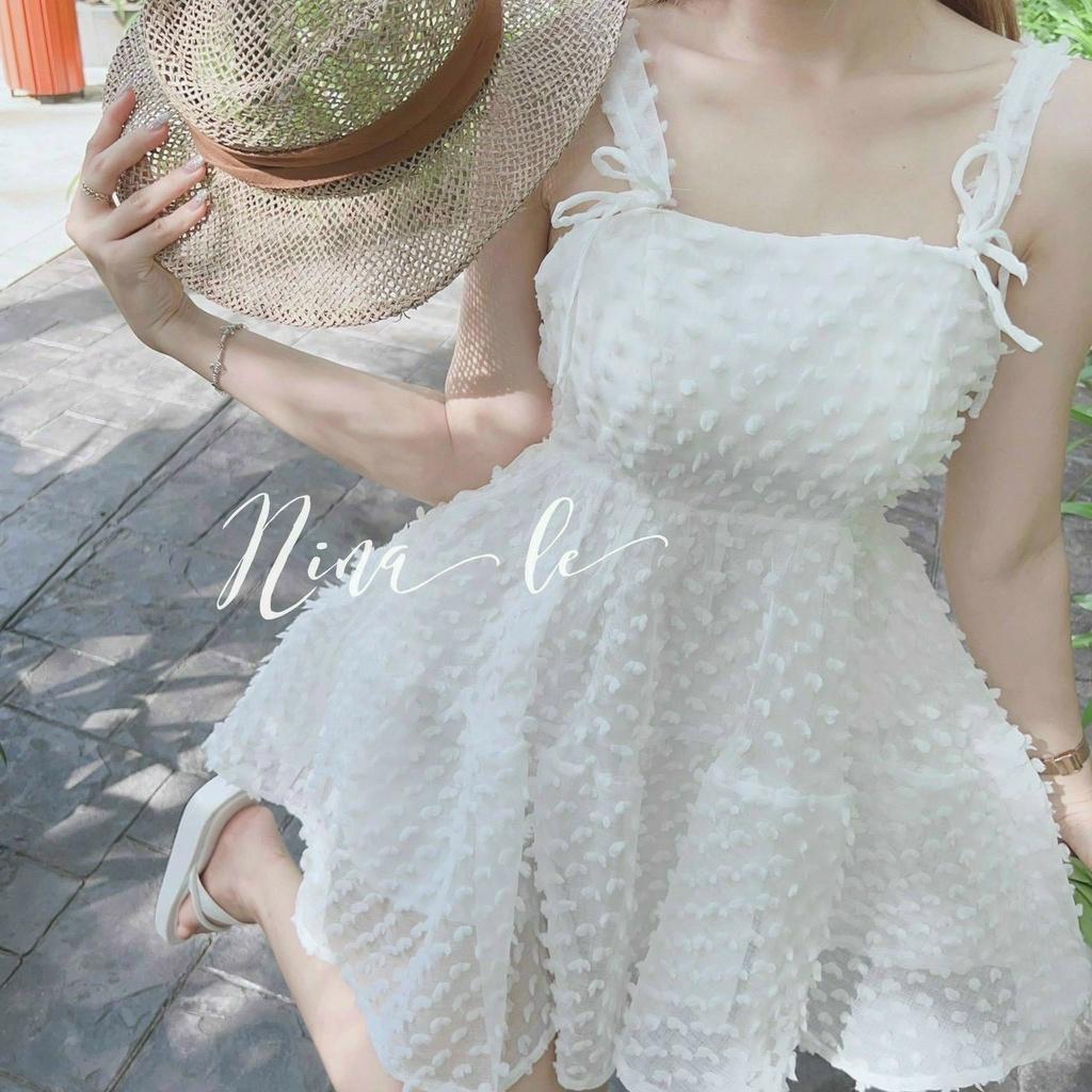 Đầm xoè xô bông 2 dây phối nơ xinh xắn