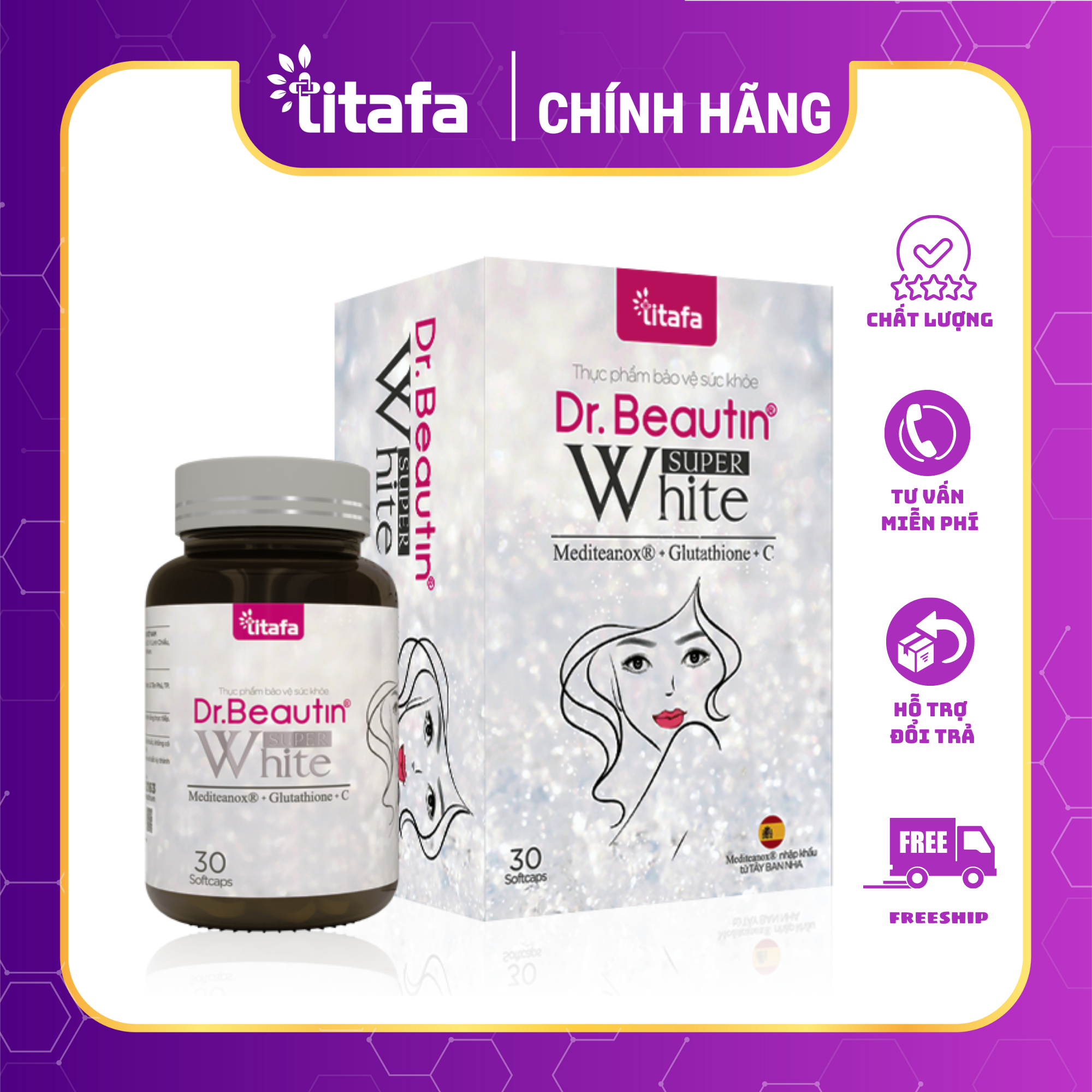 Viên uống trắng da DR.BEAUTIN SUPER WHITE hộp 30 viên - Giảm thâm, sạm, nám, tàn nhang. Giúp da trắng sáng, đều màu