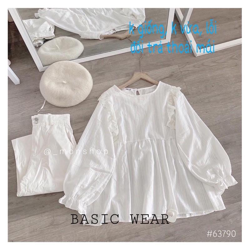 Áo babydoll viền bèo tay bồng sơ mi trắng tiểu thư