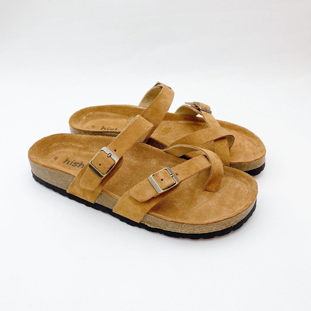 Dép đế trấu birken nam nữ unisex 2 khóa quai xỏ ngón da bò size 35 - 43 chính hãng Hishoo S101