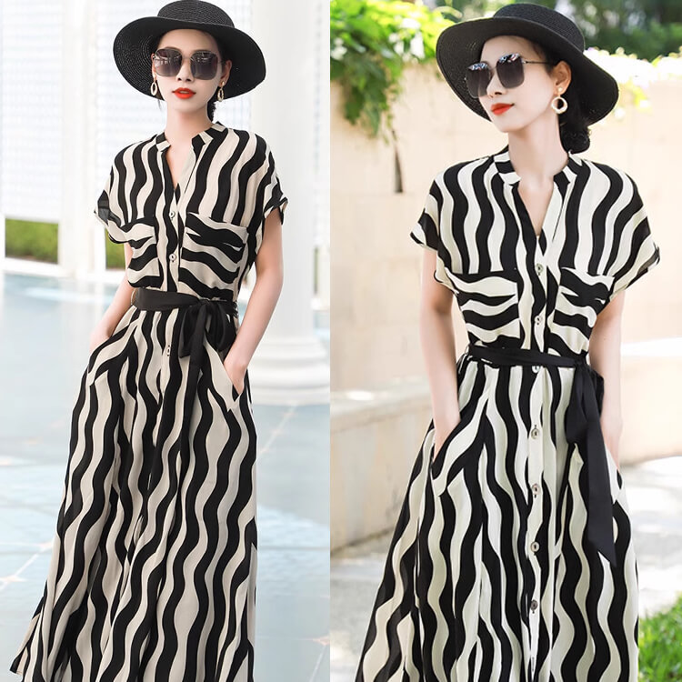 Đầm sơ mi gợn sóng cột eo