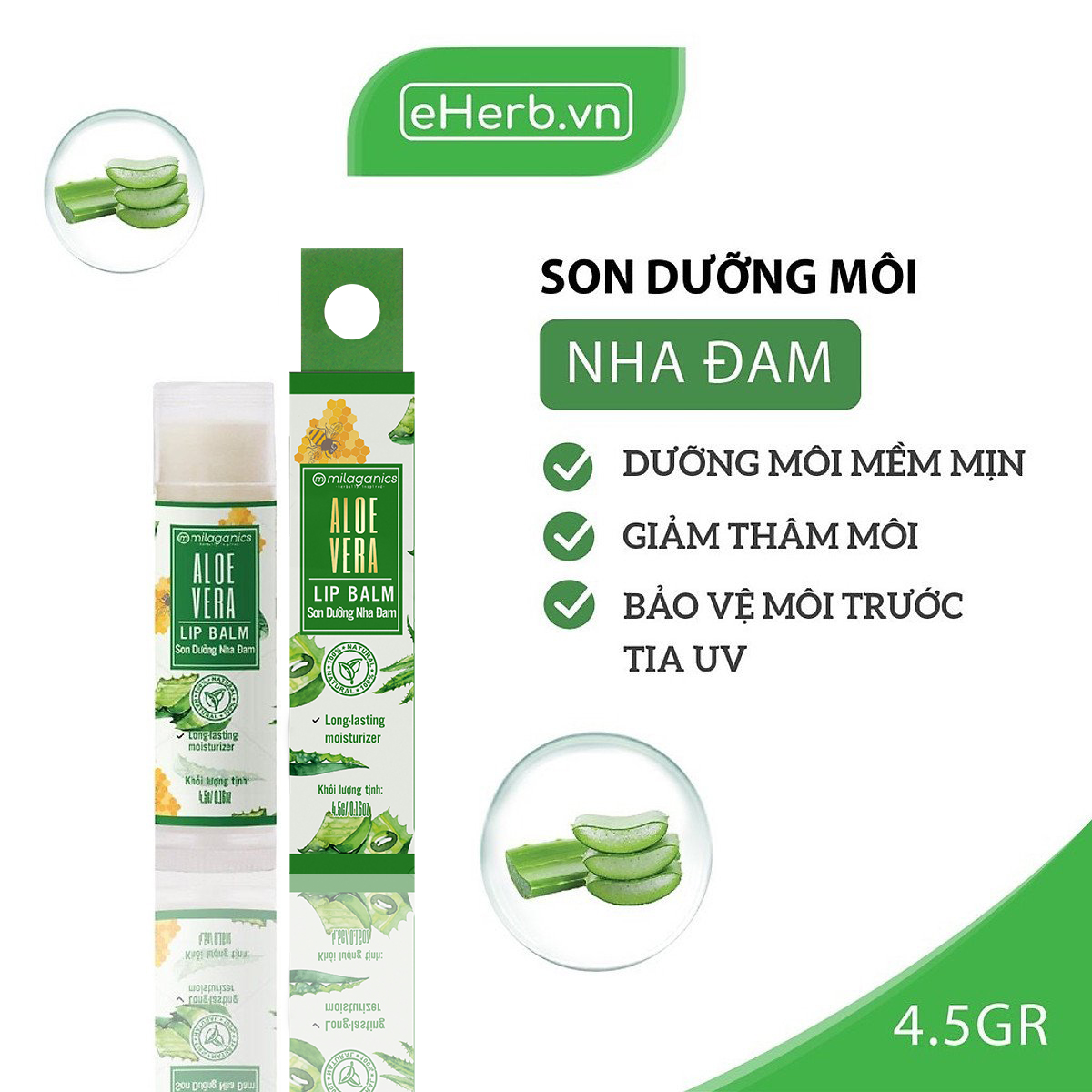Son Dưỡng Môi Nha Đam Tươi Dưỡng Ẩm, Giảm Thâm Môi MILAGANICS 4.5g