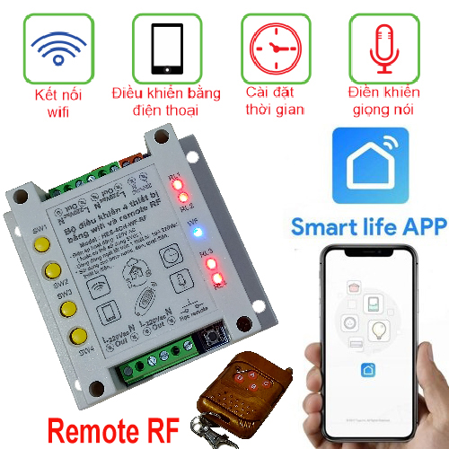 BỘ ĐIỀU KHIỂN WIFI 4 THIẾT BỊ WIFI 4CH Smart life APP Có Remote RF