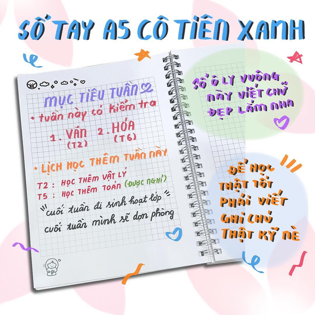 Sổ Tay Lò Xo A5 Kẻ Ô Vuông 100 Trang 100gsm - Cô Tiên Xanh - Cửa Hàng Slime