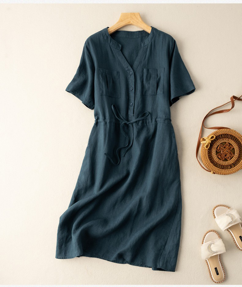 Đầm suông linen cổ trụ phát V hai túi hộp ốp ngực trẻ trung Haint Boutique Da72