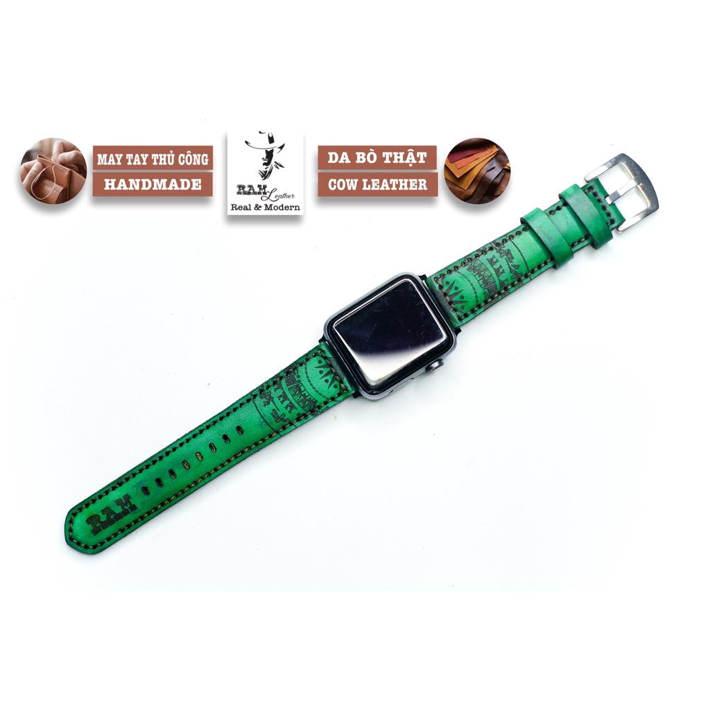 Dây đồng hồ da bò thảo mộc cao cấp xanh ngọc handmade bền chắc - chính hãng RAM Leather