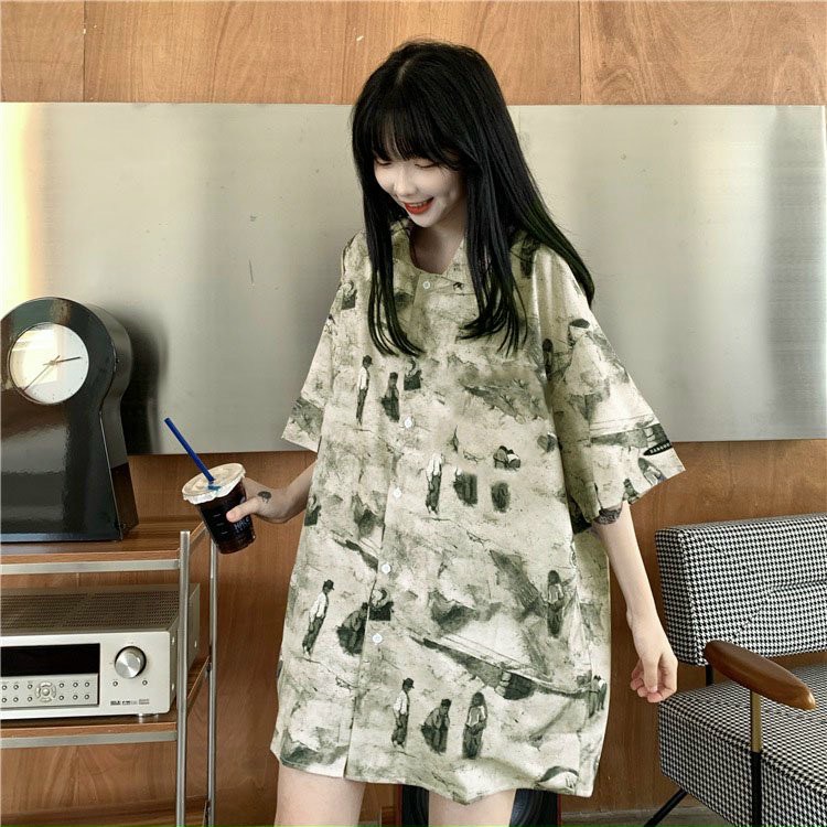 Áo sơ mi nữ ngắn tay form rộng họa tiết độc đáo mới lạ phong cách hotfrend chất voan lụa mềm mịn