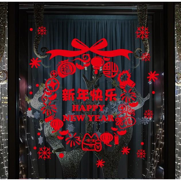 Decal trang trí Tết - Vòng Tròn chữ Happy New Year đỏ