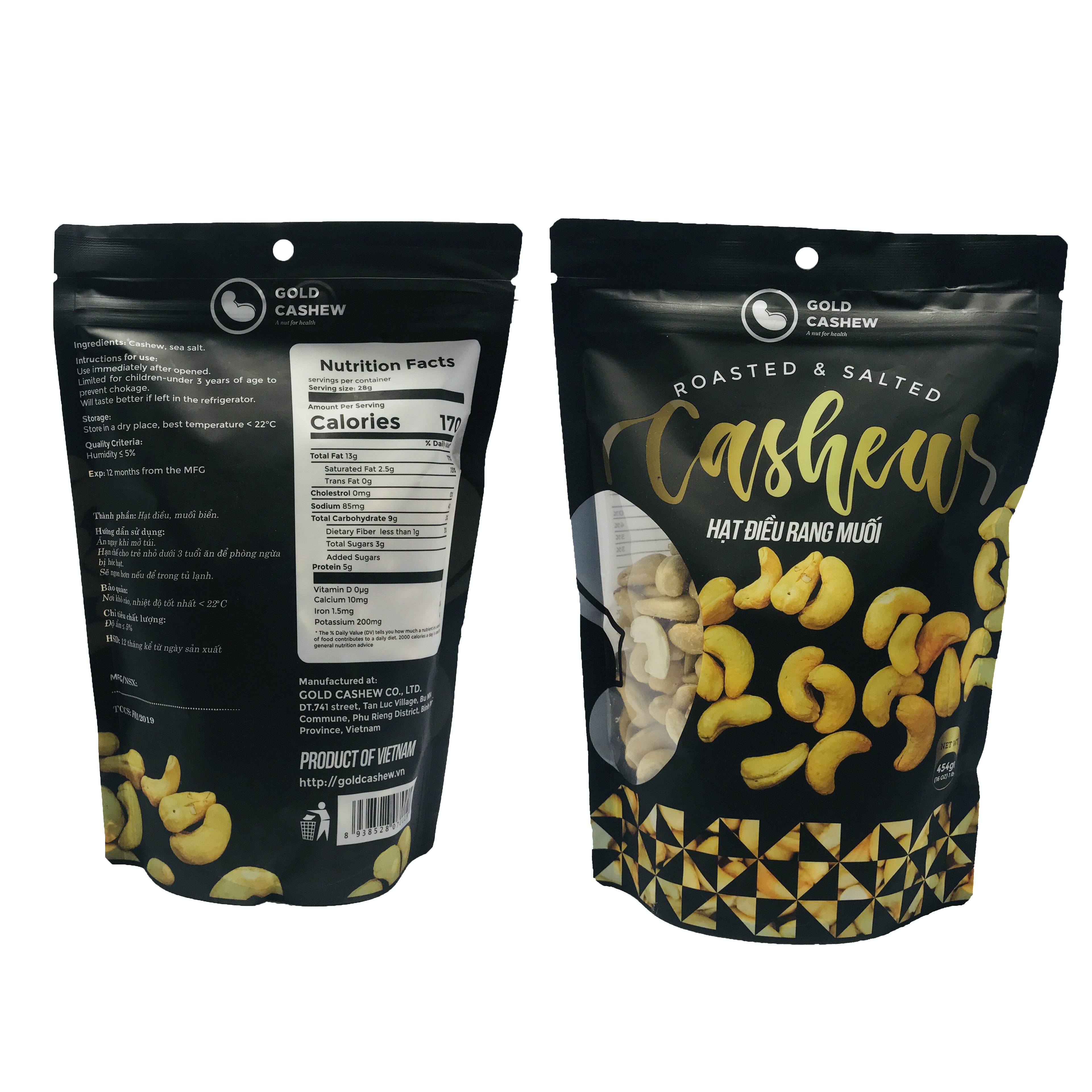 Hạt Điều Rang Muối Cao Cấp Gold Cashew - Premium Roasted & Salted Cashew, Chuẩn hạt điều size WW240, Công nghệ rang không dầu và muối tinh thể, Không chất bảo quản, Không Cholesterol