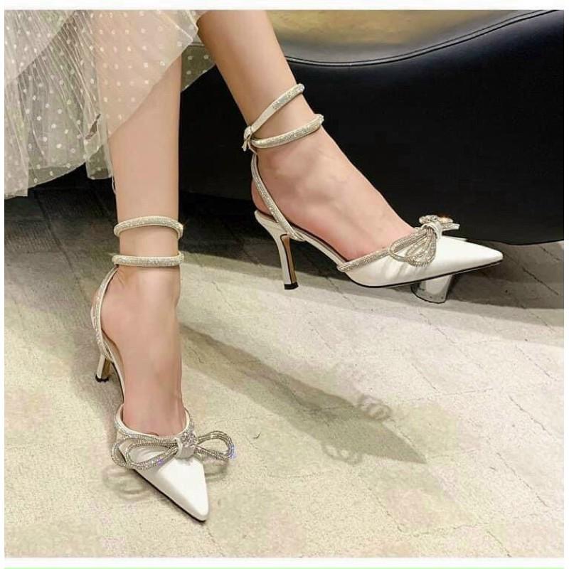 TH53: Giày cao gót đi tiệc, hở gót gắn nơ đá sang chảnh 7-8cm