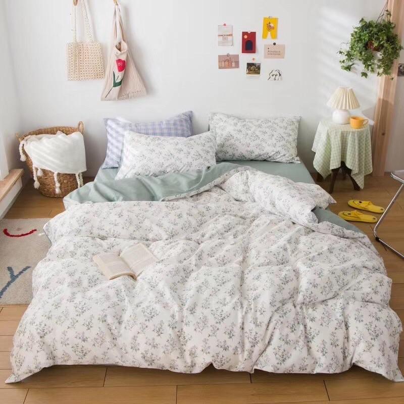 Set Cotton living 100%cotton Hàng Nhập Khẩu Cao Cấp 4 Món Hoa nhí trắng Vintage