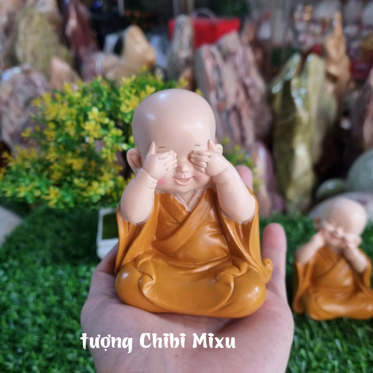 Bộ 04 tượng Tứ Không mẫu áo nâu size 10cm - tặng kèm 10 xu vàng mini may mắn