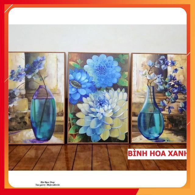 Tranh canvas khung VIP 40x60cm x 3 tranh - Bình hoa xanh