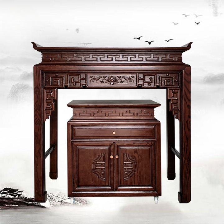 BỘ án gian gỗ thờ , Bàn Thờ Kèm Tủ Gỗ Sồi Nga, Án gian , bàn cúng gỗ sồi hoa sen kèm tủ - Màu vàng