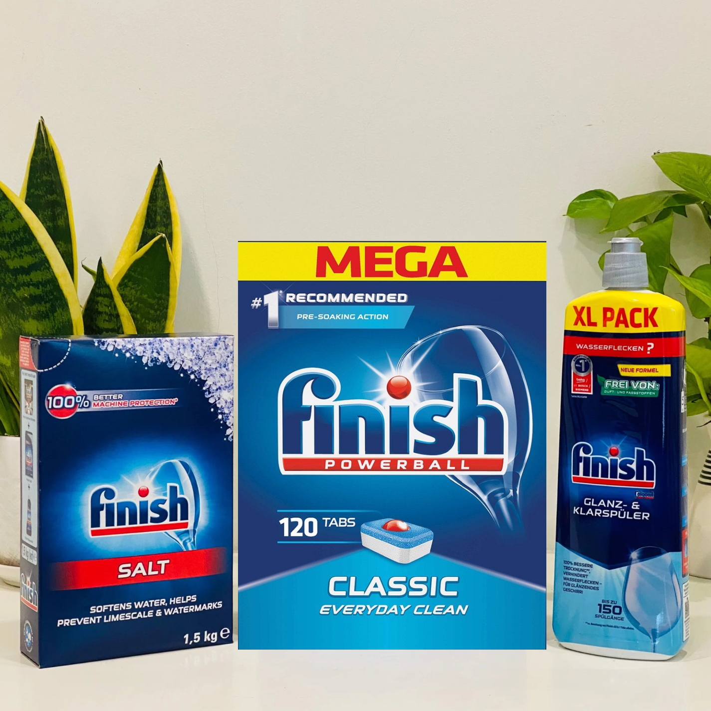 Combo muối rửa bát Finish 1,5kg+viên rửa bát Finish 120 viên+Nước làm bóng bát chén finish 800ml