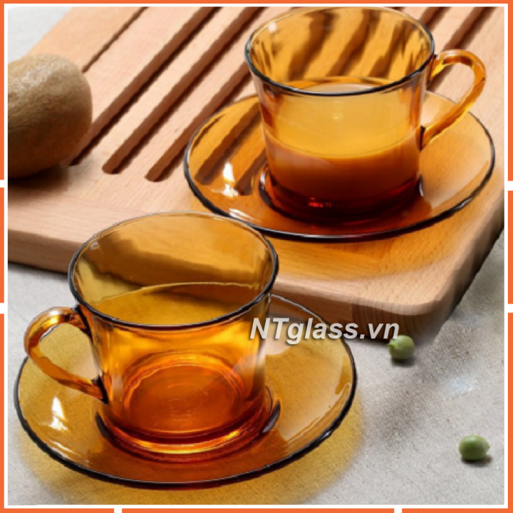 Bộ tách kèm dĩa Vàng Amber 220 ml  Thủy tinh cường lực cao cấp Pháp