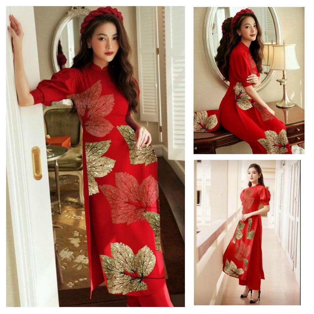 Set Bộ Áo Dài Lụa Họa Tiết Chiếc Lá Hàng Thiết Kế Cực Sang Trọng Quý Phái - BY2118A