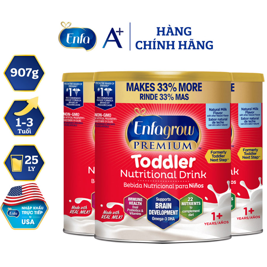 Bộ 3 lon Sữa Bột Enfagrow Premium Toddler Hương Sữa Tự Nhiên Cho Trẻ Từ 1-3 Tuổi- 907g