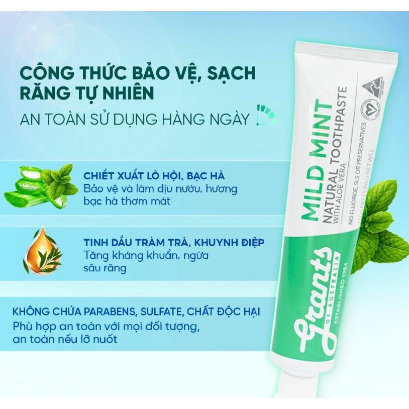 Kem Đánh Răng Thảo Dược [NUỐT ĐƯỢC] Lô Hội Bạc Hà Tự Nhiên Grants của ÚC, 110g, Hơi Thở Thơm Mát, Làm Dịu Nướu, Giảm Ê Buốt, Hữu Cơ, An Toàn, Sạch Miệng, Trắng Răng