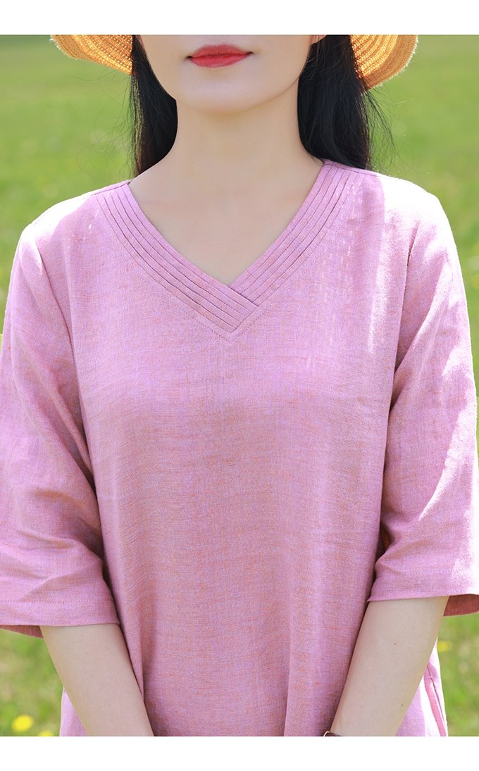 Đầm suông linen nữ cổ V, thiết kế trơn basic, thời trang nữ thanh lịch, nhẹ nhàng NH198 hồng