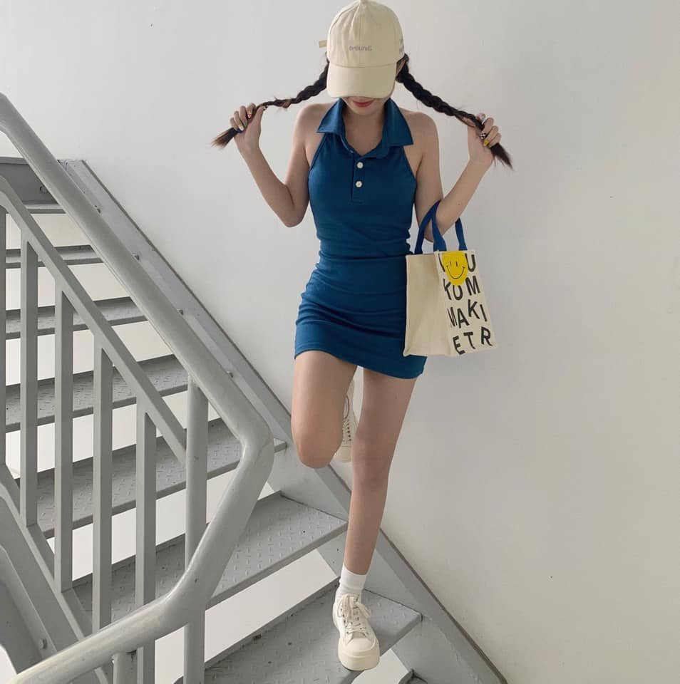 Đầm body thun ôm dáng cổ polo xanh dương năng động cá tính vải thun gân thời trang dành cho nữ carrotxinhdep