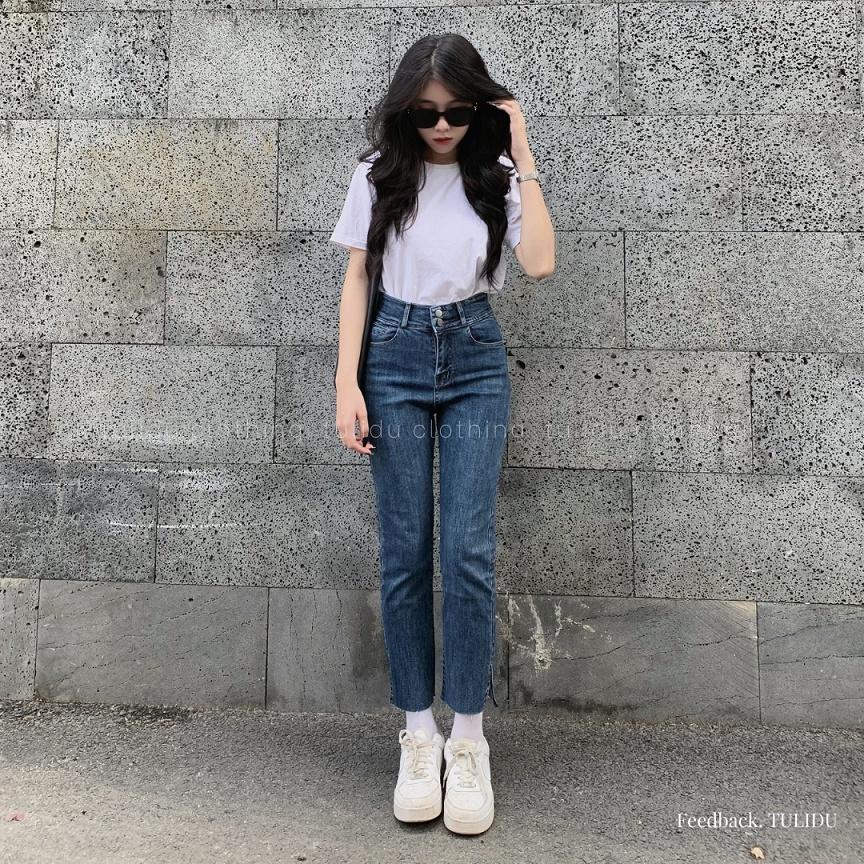 Quần Bò Ống Đứng Nữ Suông Nhẹ Lưng Cao Xẻ Tà Co Giãn Tulidu Quần Jean Ống Đứng Nữ