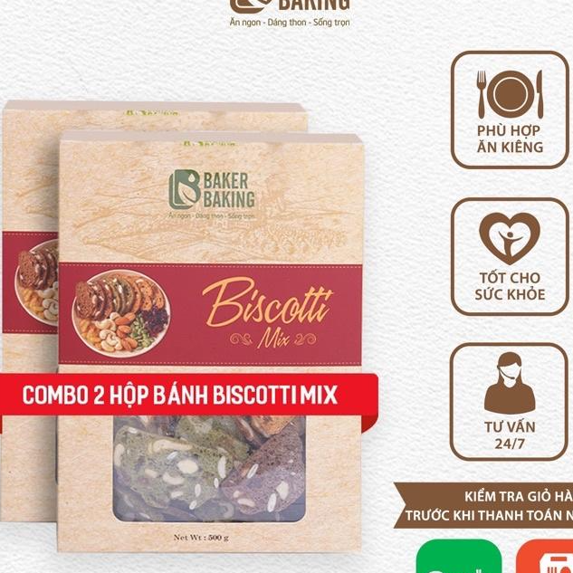 Combo hai hộp bánh Baker Baking Healthy biscotti nguyên cám mix 3 vị hỗ trợ ăn kiêng dành cho người béo, tiểu đường