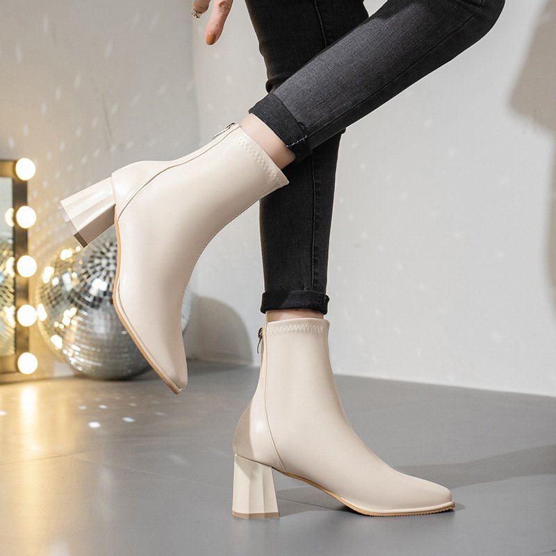Giày boot nữ đế vuông 3 màu đen, nâu, kem cá tính cao 7.5cm B170