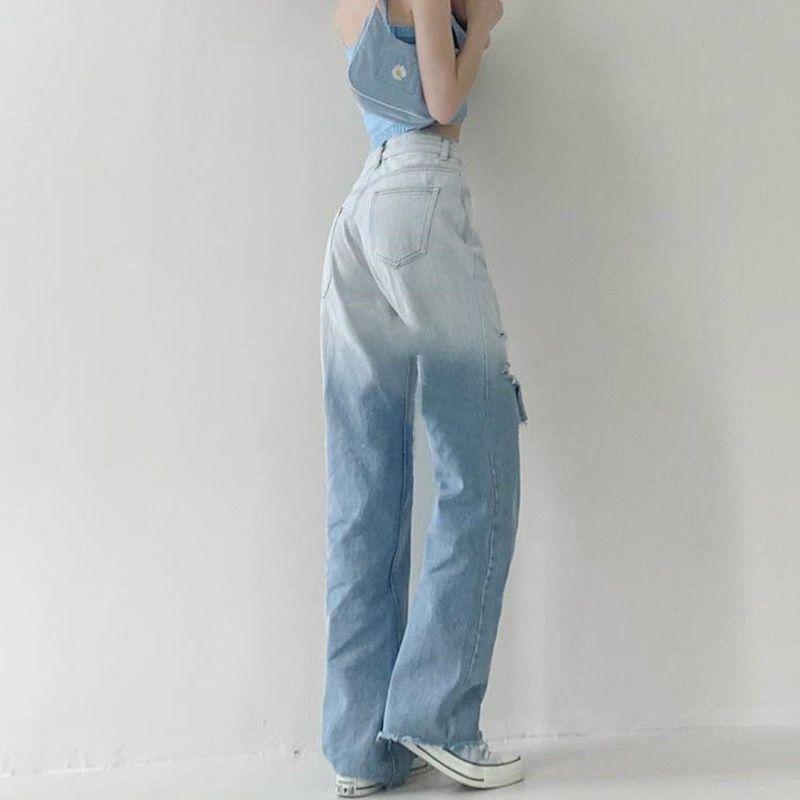 Quần Jean nữ , Baggy ống rộng Ulzzang lưng cao phong cách Retro Jean loang màu, rách gối