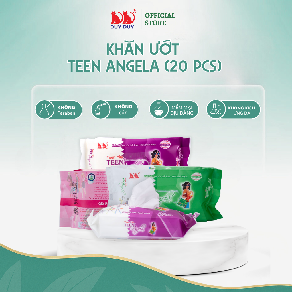 Combo 5 Gói Khăn ướt tuổi teen Angela tím 20pcs, thích hợp tuổi teen, cho gia đình và đi dã ngoại