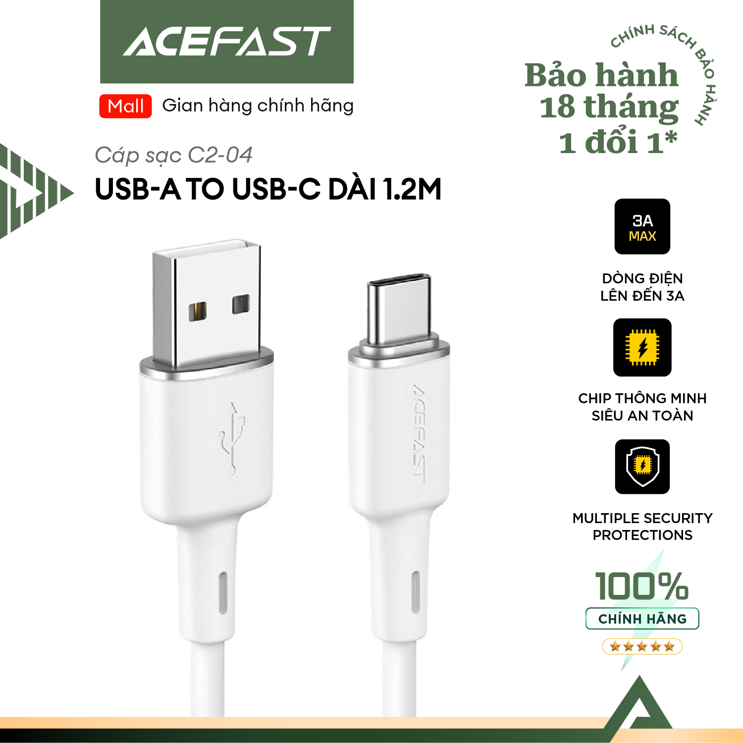 Cáp sạc Acefast cổng USB-A to USB-C (1.2m) - C2-04 Hàng chính hãng Acefast