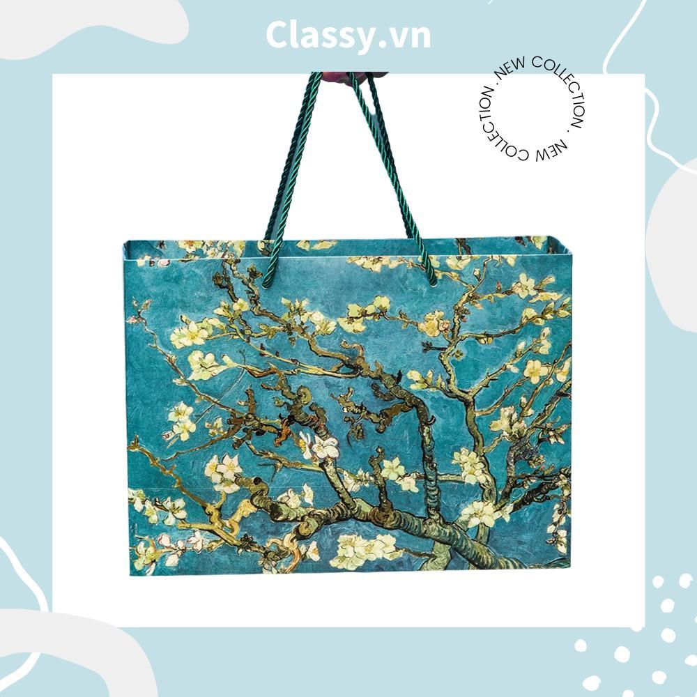 Túi giấy họa tiết hoa tuyết mai Classy màu xanh cớ lớn, làm quà tặng, đựng hoa, đi shopping tiện lợi Q1501