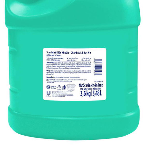 Nước Rửa Chén Bát Sunlight Diệt Khuẩn Chiết xuất Chanh và Lá Bạc Hà 3.6kg