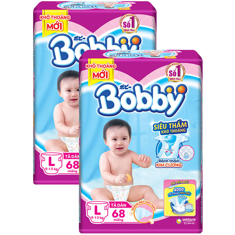 Combo 2 Tã Dán Bobby Êm Mềm Khô Thoáng L68 (68 miếng) - Tặng 1 đồ bông Bobby Chan (Sưu tập 05 con Bobby Chan &amp; Những người bạn)