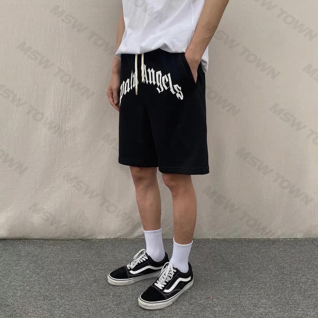 Quần short lửng thun nam đẹp màu đen in chữ Palm Angels thể thao lưng chun dây rút chất nỉ da cá 2 da dày xịn