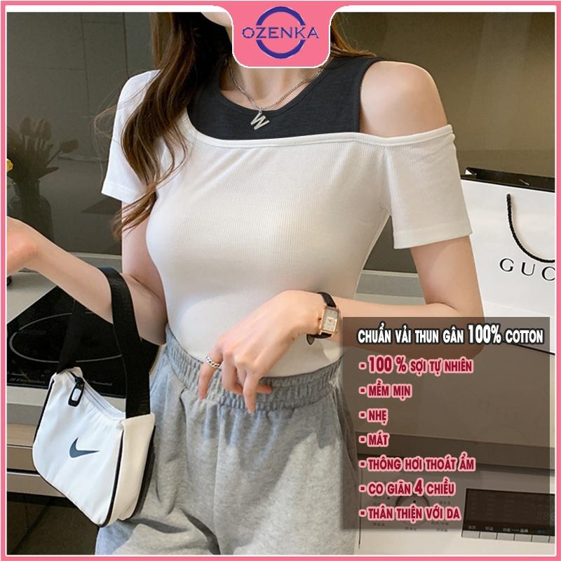 Áo croptop trễ vai cộc tay nữ OZENKA , crt ôm body thun gân 100% cotton đẹp màu đen trắng