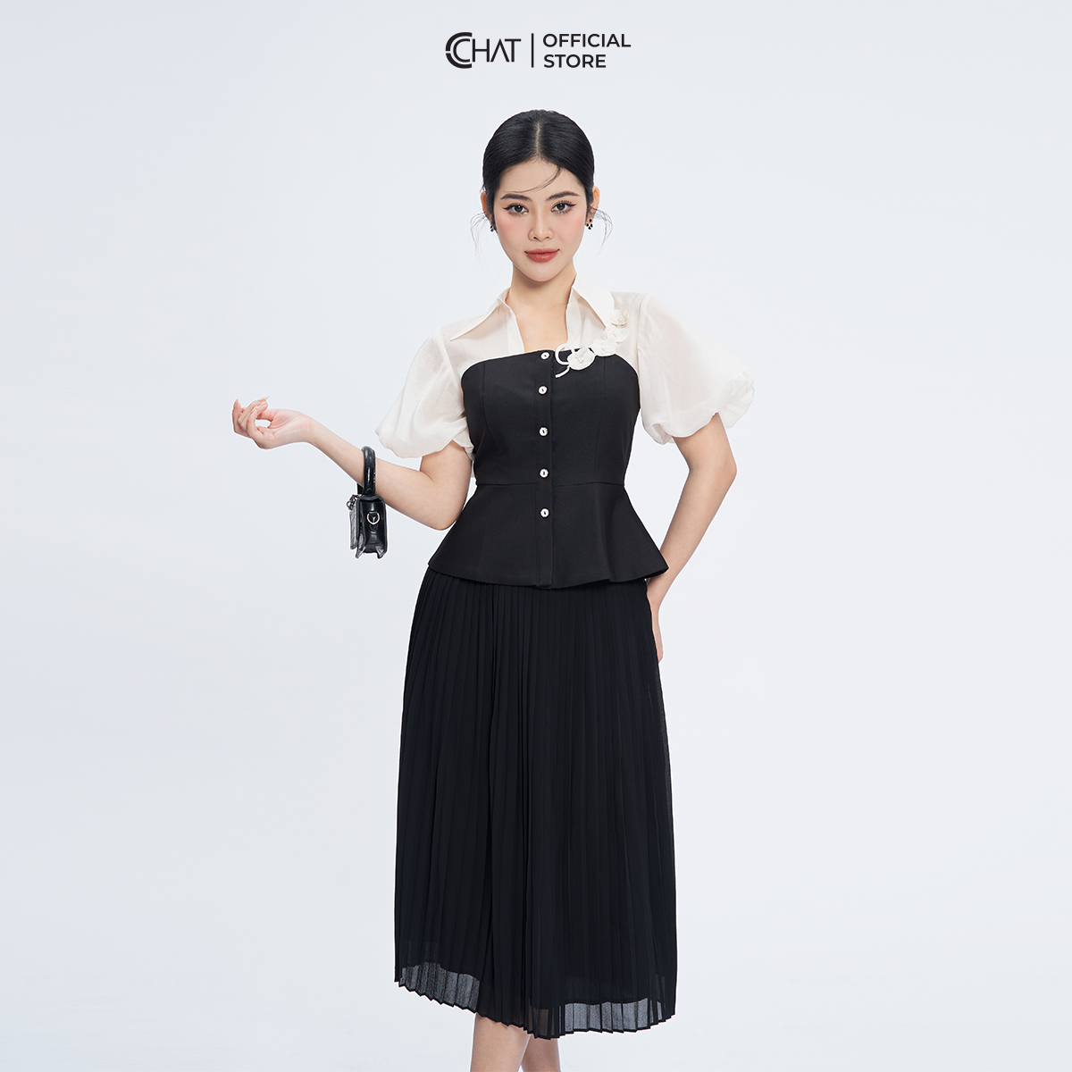 Áo Sơ Mi Nữ Cổ Kiểu Tay Bom Peplum Chất Liệu Tuytsi Cao Cấp 53FNS8003PT