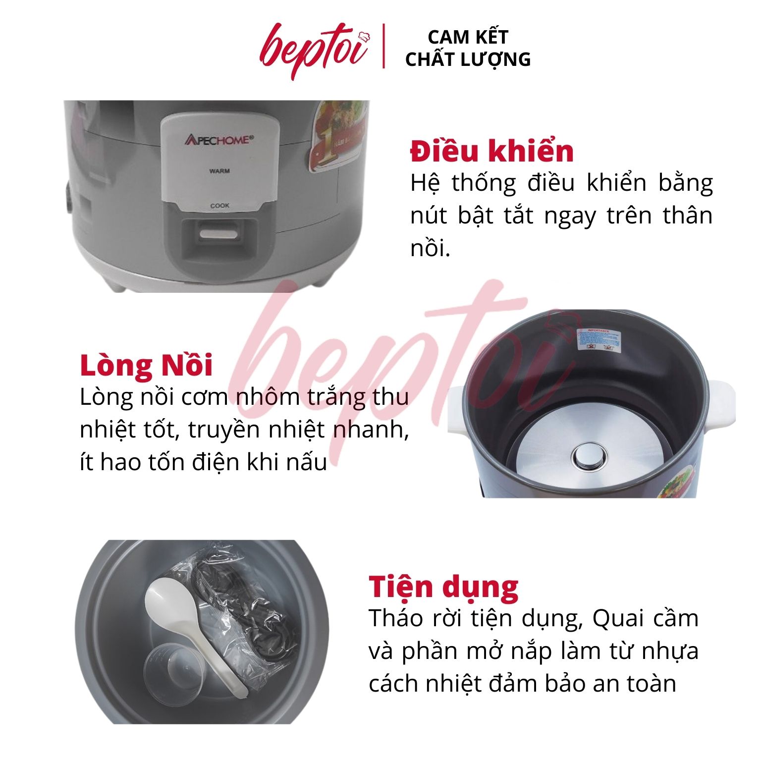 Nồi cơm điện nắp rời Apechome APH-222R 1.8 Lít - Hàng Chính Hãng