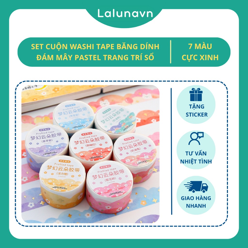 Washi tape Đám mây pastel 7 màu miếng dán sổ tay nhật ký bullet journal sổ còng văn phòng phẩm cute Lalunavn A83