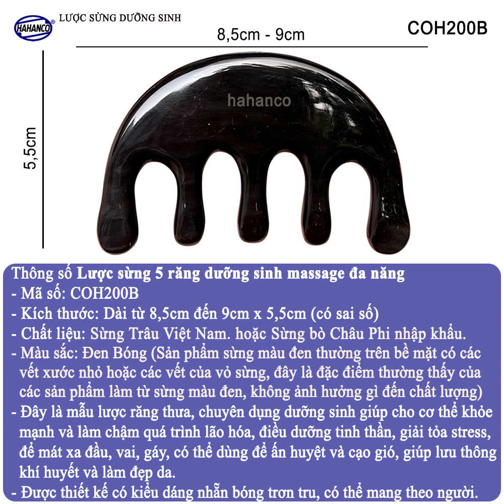 Lược Sừng Dưỡng Sinh 5 Răng HAHANCO Mát Xa Toàn Thân Đả Thông Kinh Lạc - COH200B