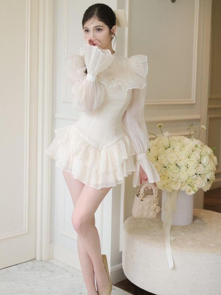 Váy tay bồng cổ tròn đính nơ đi chơi đi tiệc đầm thiết kế xếp tầng sang chảnh HN Clothing V292 BY JOLIE - Kem