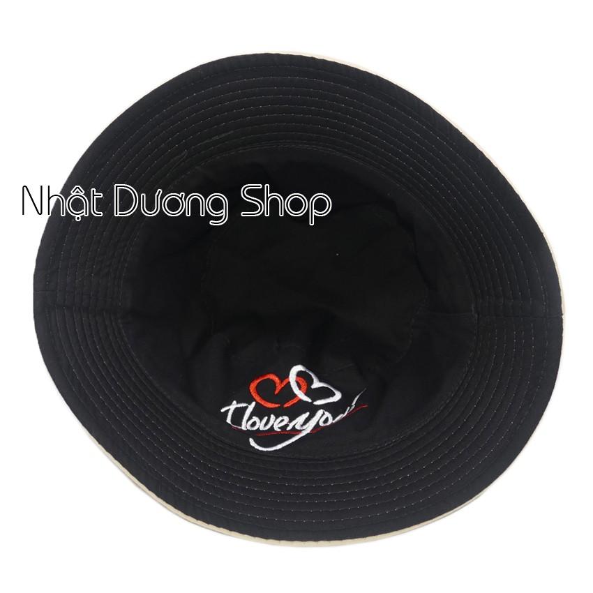 Nón bucket 2 mặt thêu hình trái tim I LOVE YOU, chất liệu vải Kaki bền chắc và hợp thời trang