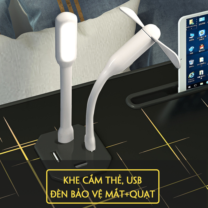 Bàn làm việc ngồi giường màu đen mẫu cao cấp, bàn gấp ngồi giường Full, ngăn kéo, USB, giá sách, khe cắm thẻ KO126