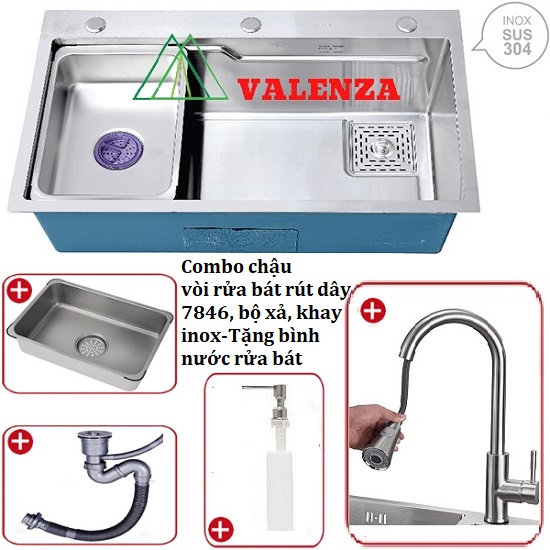 Combo chậu rửa chén bát 1 hố lớn Valenza 7846 inox sus304 chuẩn 100% kèm vòi rửa bát rút dây Valenza sus304, bộ xả to ngăn mùi, khay inox kín-TẶNG BÌNH NƯỚC RỬA CHÉN